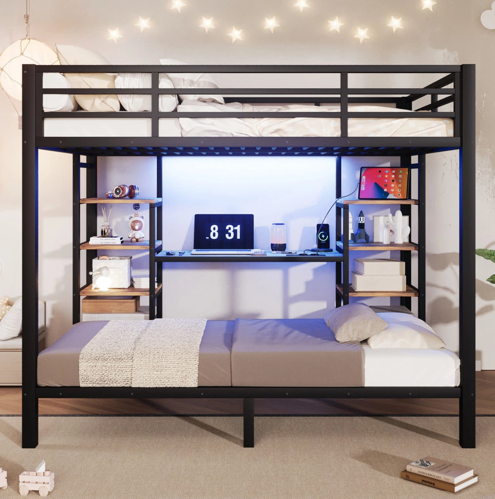 Letto a castello 90x200/140x200 cm in metallo e MDF nero con LED e ripiani –