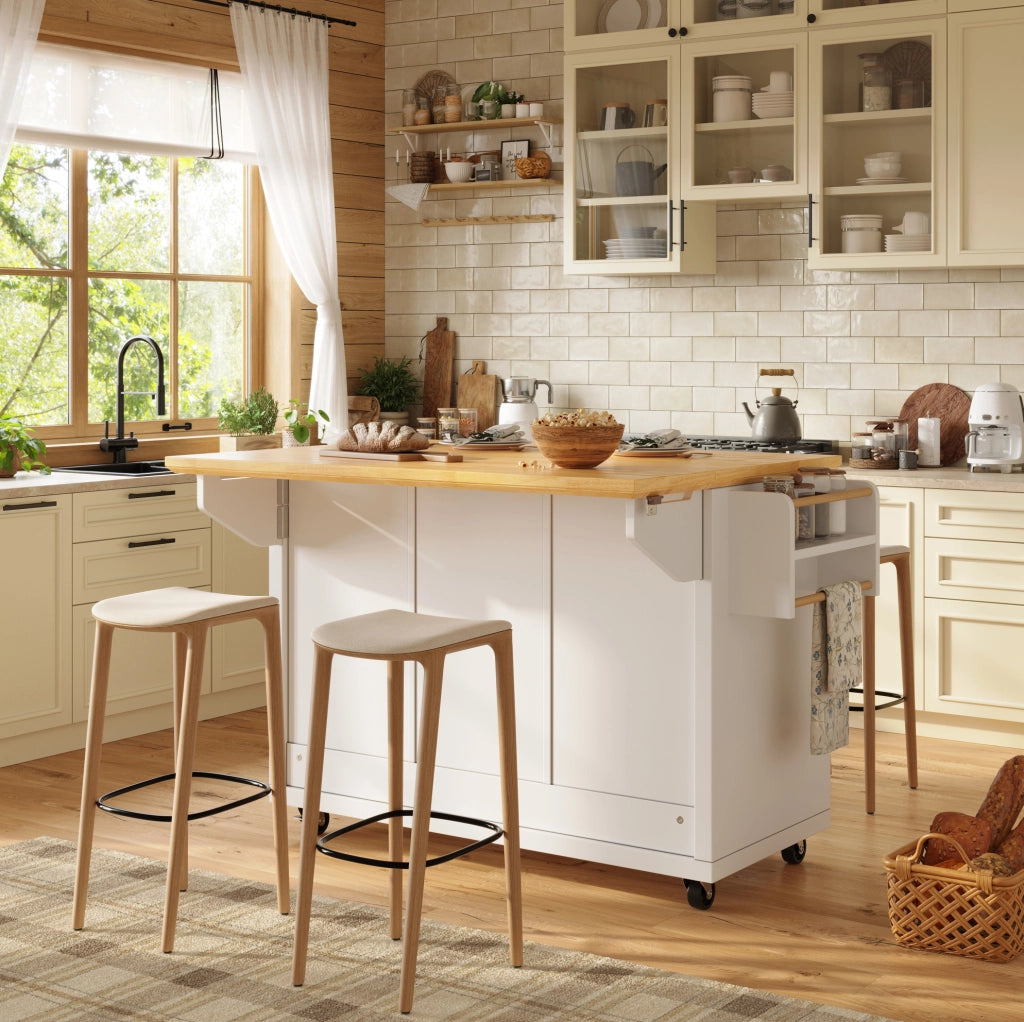 Isola da cucina mobile pieghevole bianca con ruote 120 cm