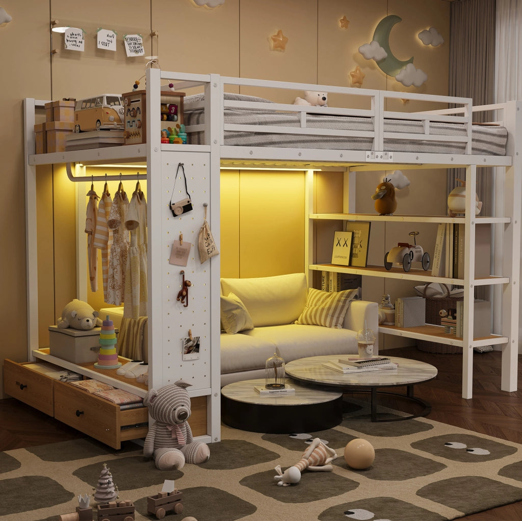 Letto a soppalco 140x200 cm con armadio aperto; ripiani; LED e parete forata bianco