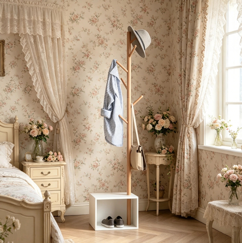 Porta abiti con panca rettangolare in MDF e bambù 40x30x180 cm bianco e bambù