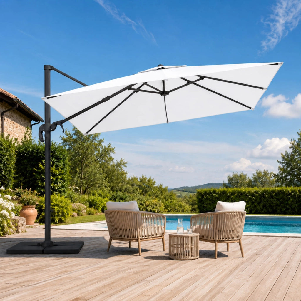 Ombrellone 3X3 M Giardino Braccio Retrattile Per Esterni Piscina Terrazze Gazebo Bar Hotel In Acciaio Inossidabile Braccio Rotabile 360° Telo 180 G M2 Impermeabile Resistente Ai Raggi UV Bianco
