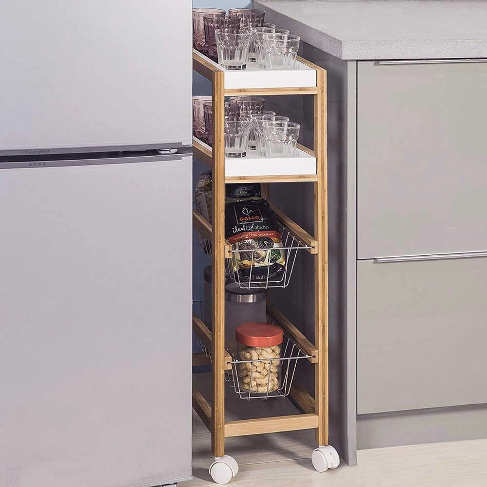 Carrello Cucina Slim Salvaspazio Legno Bambu 4 Ripiani 2 Vassoi 2 Cestelli Ruote