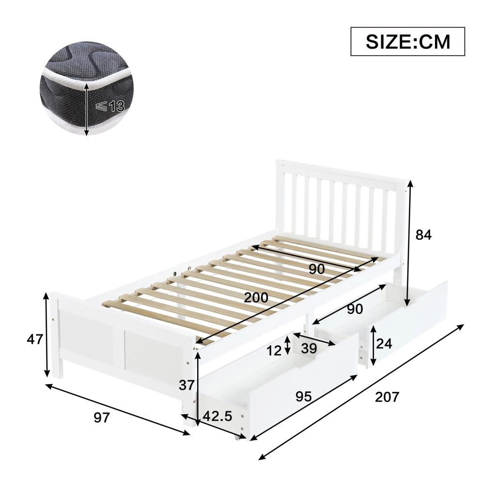 Letto con Cassetti 90x200 cm; Letto Singolo - 2 Cassetti - in Legno Massello - Bianco
