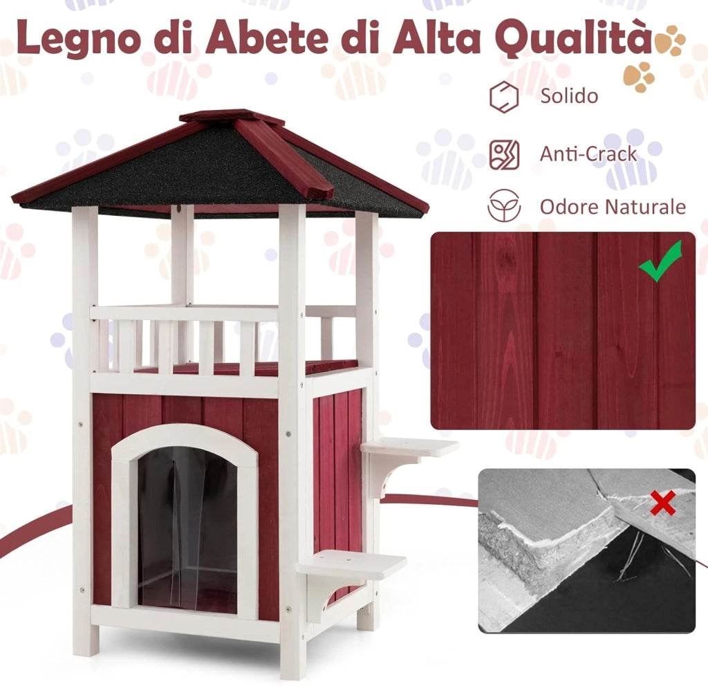 Cuccia per Gatti da Interno ed Esterno, Gasetta per Gatti in Legno a 2 Livelli con Tetto in Asfalto e 2 Piattaforme per Saltare, Casa per Gattini Impermeabile, 58 x 50 x 87 cm