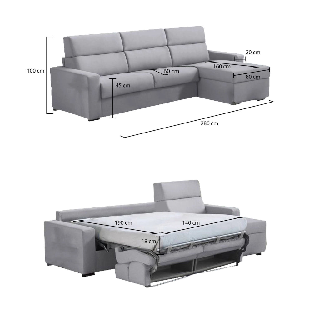 Celleno, Divano Letto con Penisola Sfoderabile Made in Italy, 280x160 cm Grigio