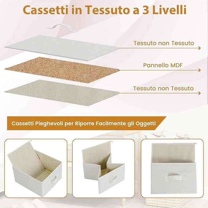 Cassettiera a 6 Cassetti in Bambù, Torre di Stoccaggio con Cassetti in Tessuto Pieghevoli e Ripiano Superiore, Organizzatore Verticale per Soggiorno Corridoio, 66x35x78,5 cm