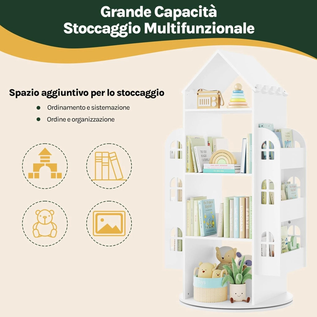 Libreria Bianca per Bambini Girevole, Mobile Portaoggetti per Bambini a 4 Livelli con 2 Spazi di Archiviazione Laterali, a Forma di Casa, 63x59x125cm