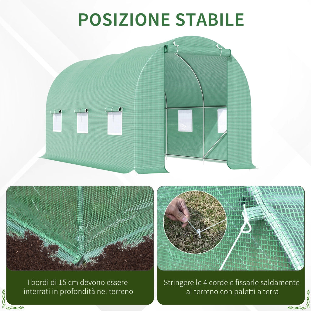 Serra a Tunnel da Giardino 4.45x2x2 m con Tetto Arrotondato. in PE e Metallo. Verde
