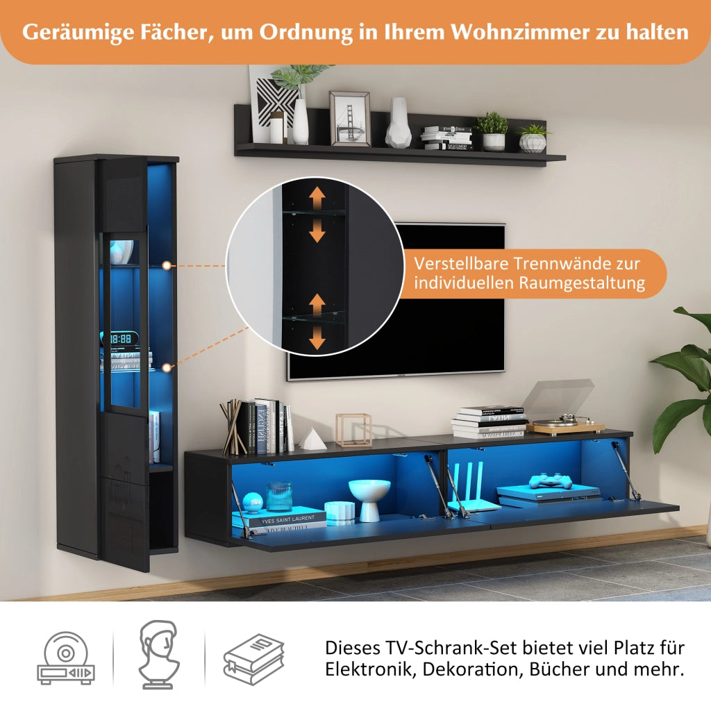 PARETE ATTREZZATA 3 pezzi con LED 180 cm Nero lucido