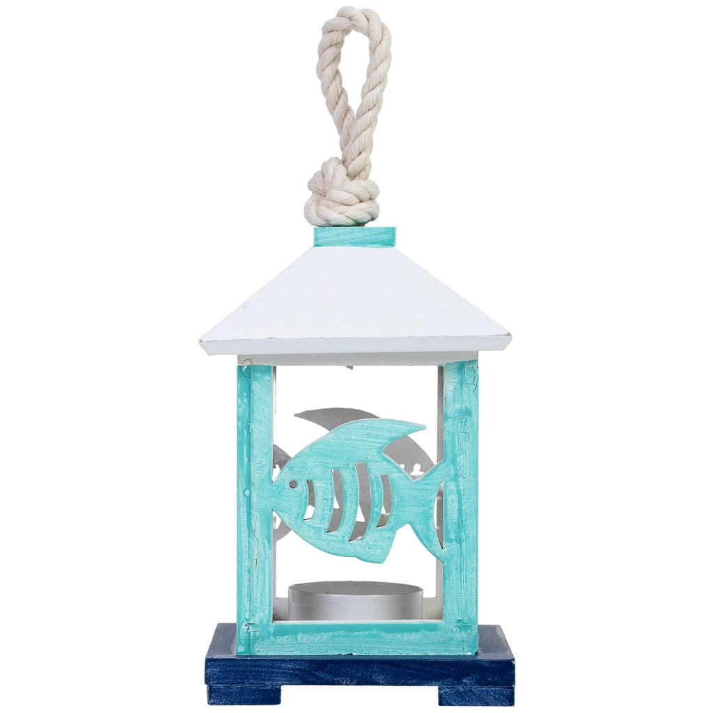 Portacandele da appendere in legno con pesce azzurro, 10x10x23h cm