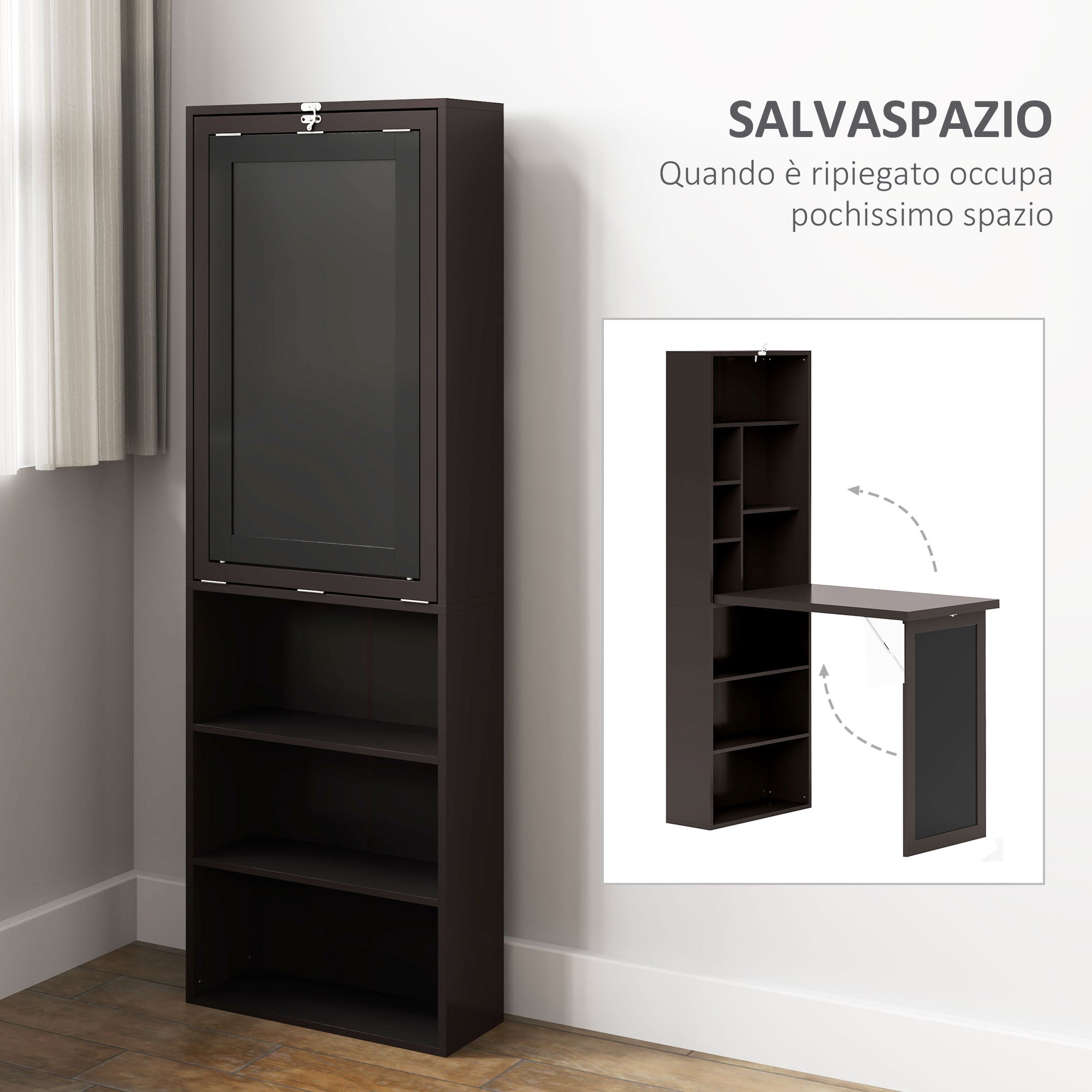 Mobile Libreria con Scrivania Salvaspazio Pieghevole 98x51x153 cm in Legno e MDF Marrone