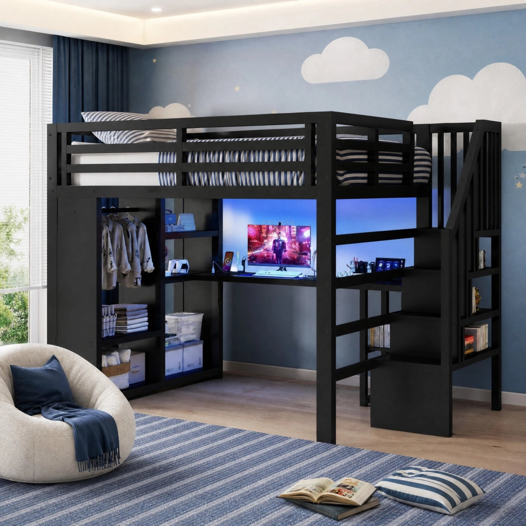 Letto a soppalco in metallo 140x200 cm con scrivania e LED