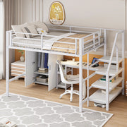 OKWISH Letto a Soppalco 140×200 cm, Letto Matrimoniale con Armadio, Scaffali, Scala con Contenitore e Scrivania, senza Materasso, Bianco