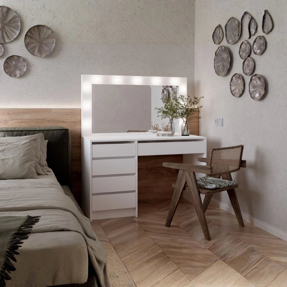 Toeletta trucco Elite bianca con specchio 5 cassetti e lampadine LED 120x55x150H