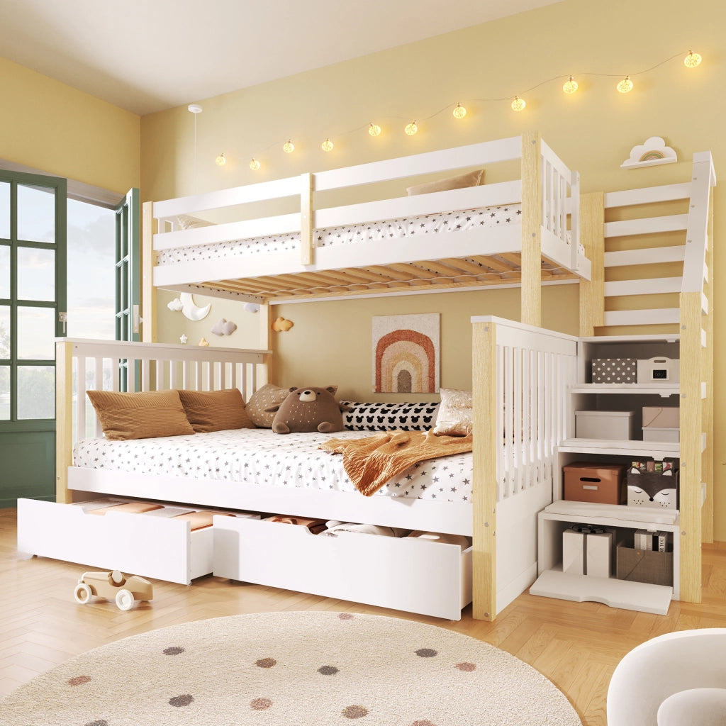 LETTO A CASTELLO 90x200/140x200 cm Bianco e Naturale con cassetti