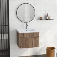 kleankin Mobile Lavabo da 60cm con Cassetto in Legno e Lavandino in Ceramica, Marrone Chiaro