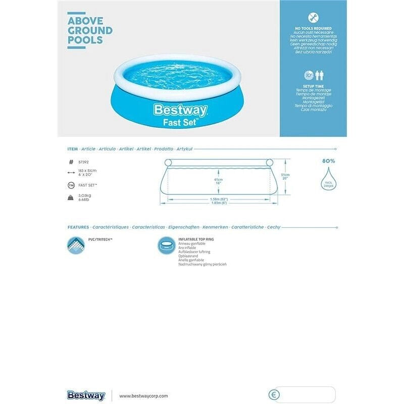 BESTWAY FAST SET PISCINA FUORI TERRA GONFIABILE BAMBINI TONDA 183 X 51 CM
