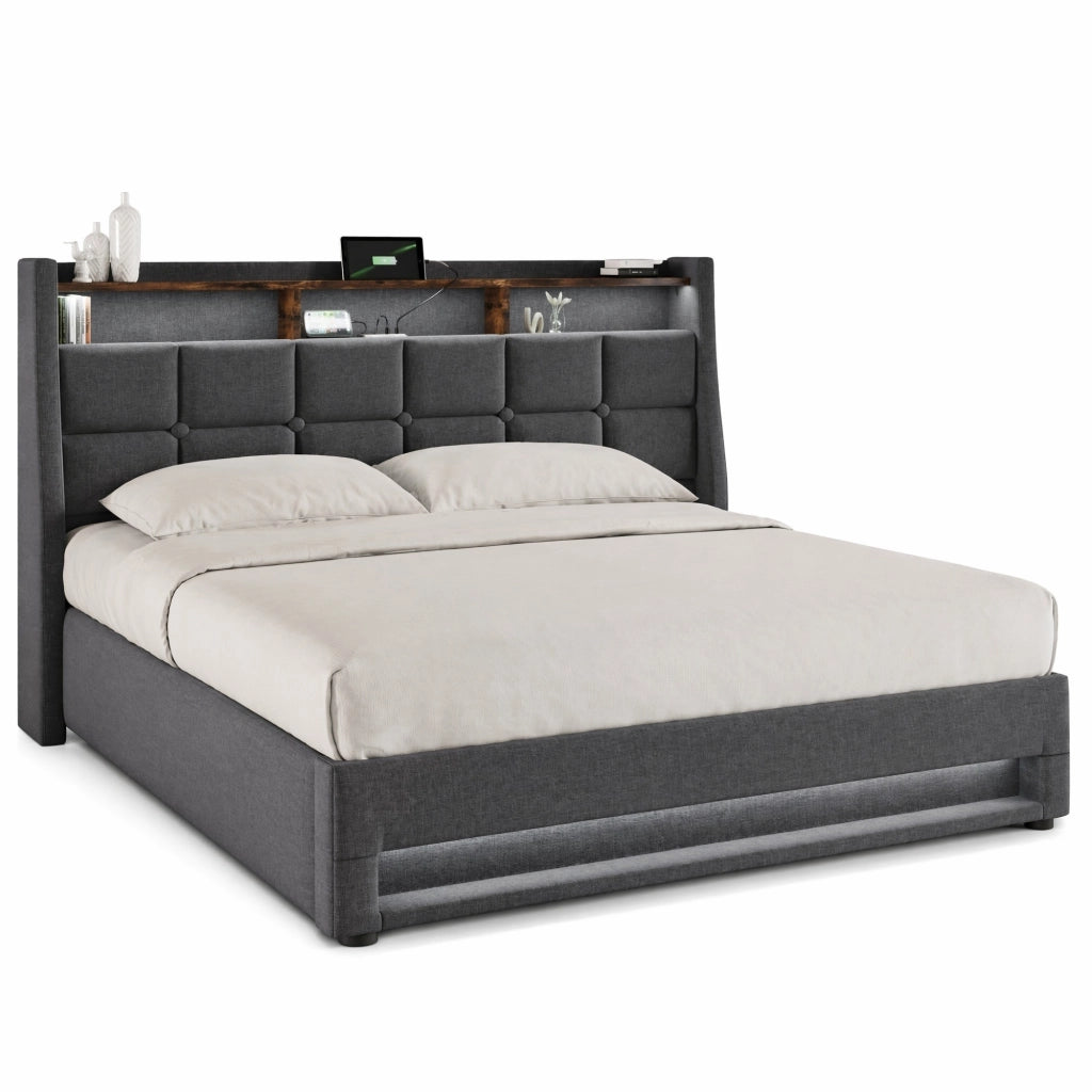 Letto matrimoniale imbottito 180x200 cm in lino grigio con LED e USB; senza materasso