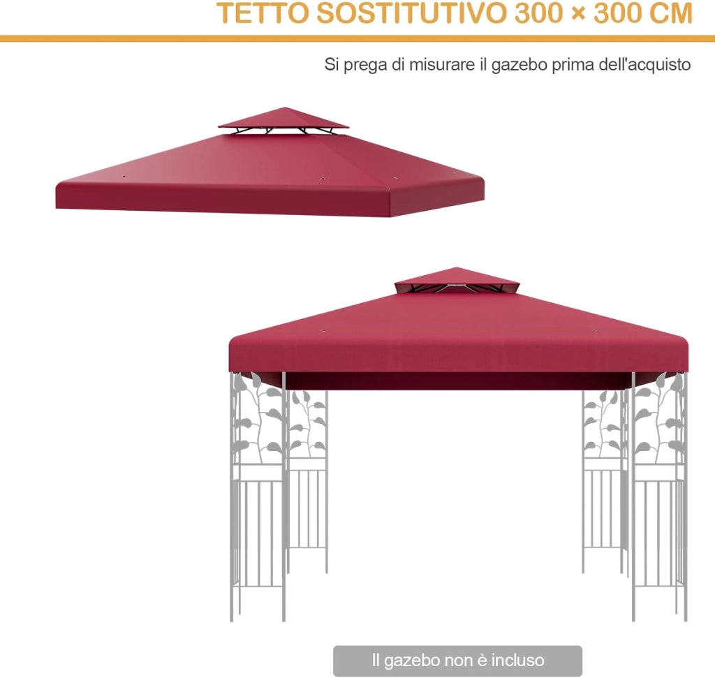 Tettoia di Ricambio per Gazebo da 3 x 3 m, Doppio Strato Superiore, Copertura per Gazebo da Giardino con Gancio e Chiusura a Strappo (Vino)
