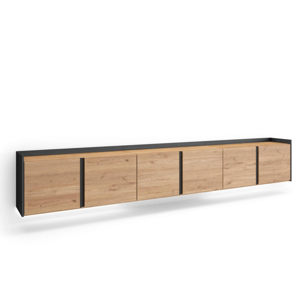 Mobile TV Soggiorno, 309x50x35 cm, Per TV fino a 80", Sospeso, da appendere, LED, Rovere e nero