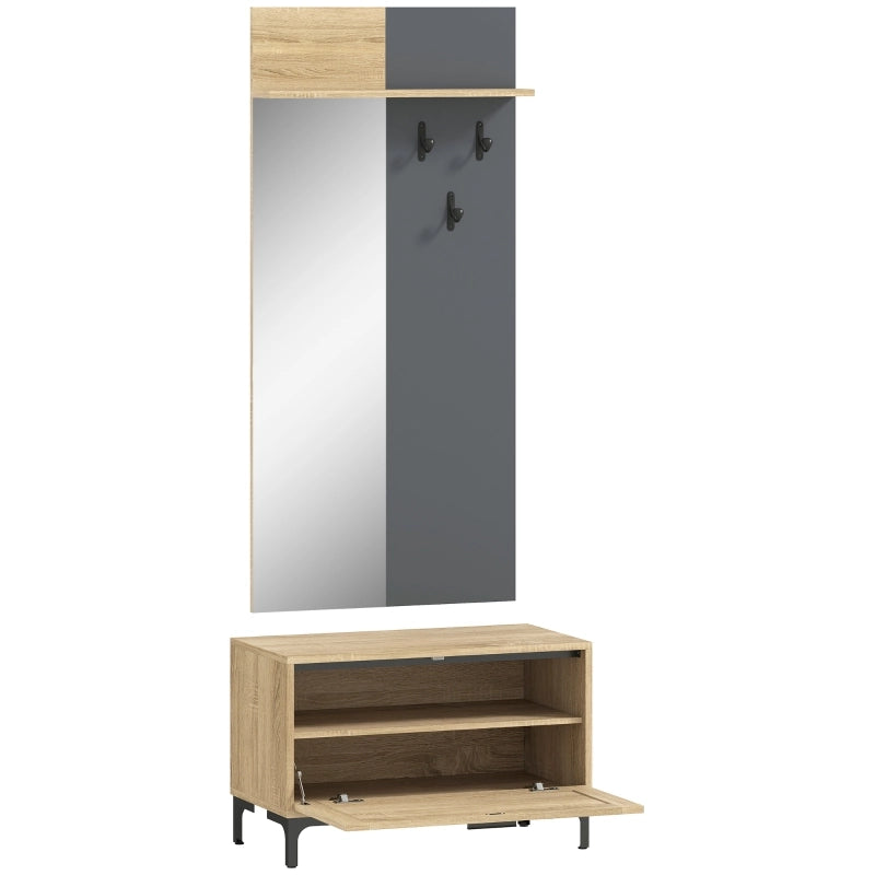 Set guardaroba da ingresso con specchio, panca portascarpe, 3 ganci e ripiano aperto, effetto legno naturale e grigio