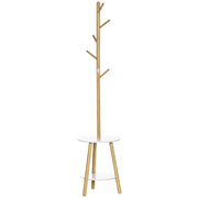 EasyComfort Appendiabiti da Terra per Ingresso in MDF e Alluminio con 5 Ganci in Bambù e Tavolino Rotondo, 39.5x39.5x171 cm