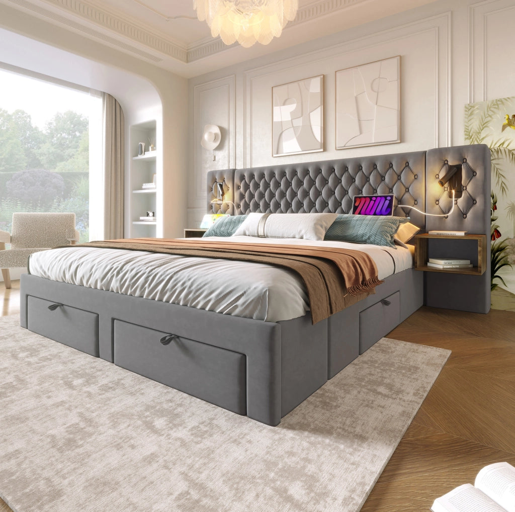 Letto matrimoniale 180x200 cm con comodini, 4 cassetti, luci LED e porte USB/Type-C