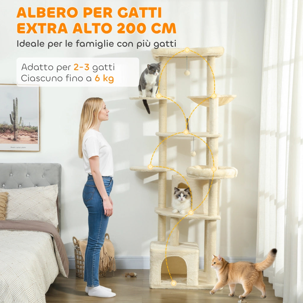 Albero per Gatti Alto 200 cm Multilivello con 2 Casette, 2 Lettini e Amaca, Struttura per 2-3 Gatti, Beige