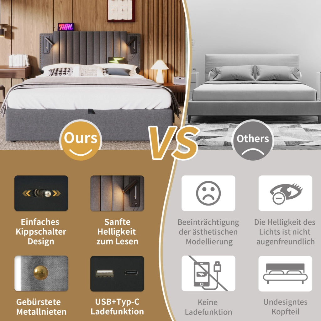 Letto matrimoniale 160x200 cm con contenitore, luci LED e USB-C