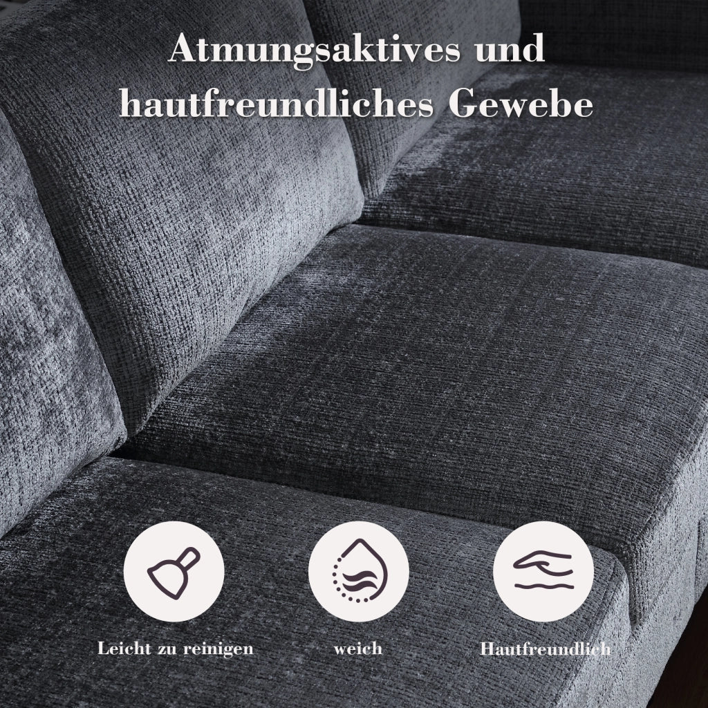 OKWISH Divano Modulare 4 Posti con Pouf Contenitore Portabicchieri e Tasche Laterali in Ciniglia Grigio