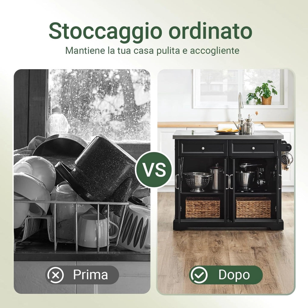 isola cucina con ruote carrello da cucina con piano di lavoro pieghevole mobile cucina con ruote penisola cucina piano lavoro Nero 107x92x(46-71) cm FKW71-II-SCH