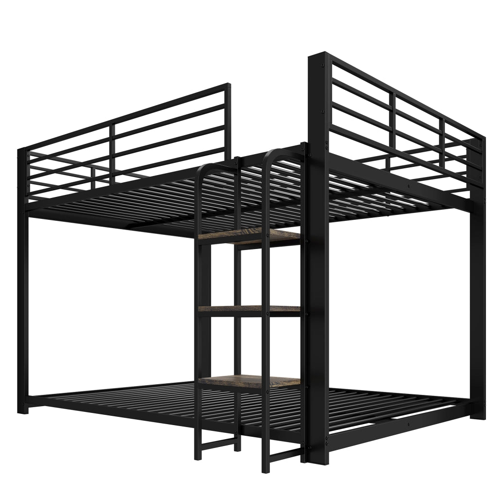 Letto a Castello 140x200 cm con scaletta con ripiani e protezione, in MDF e Metallo, Nero