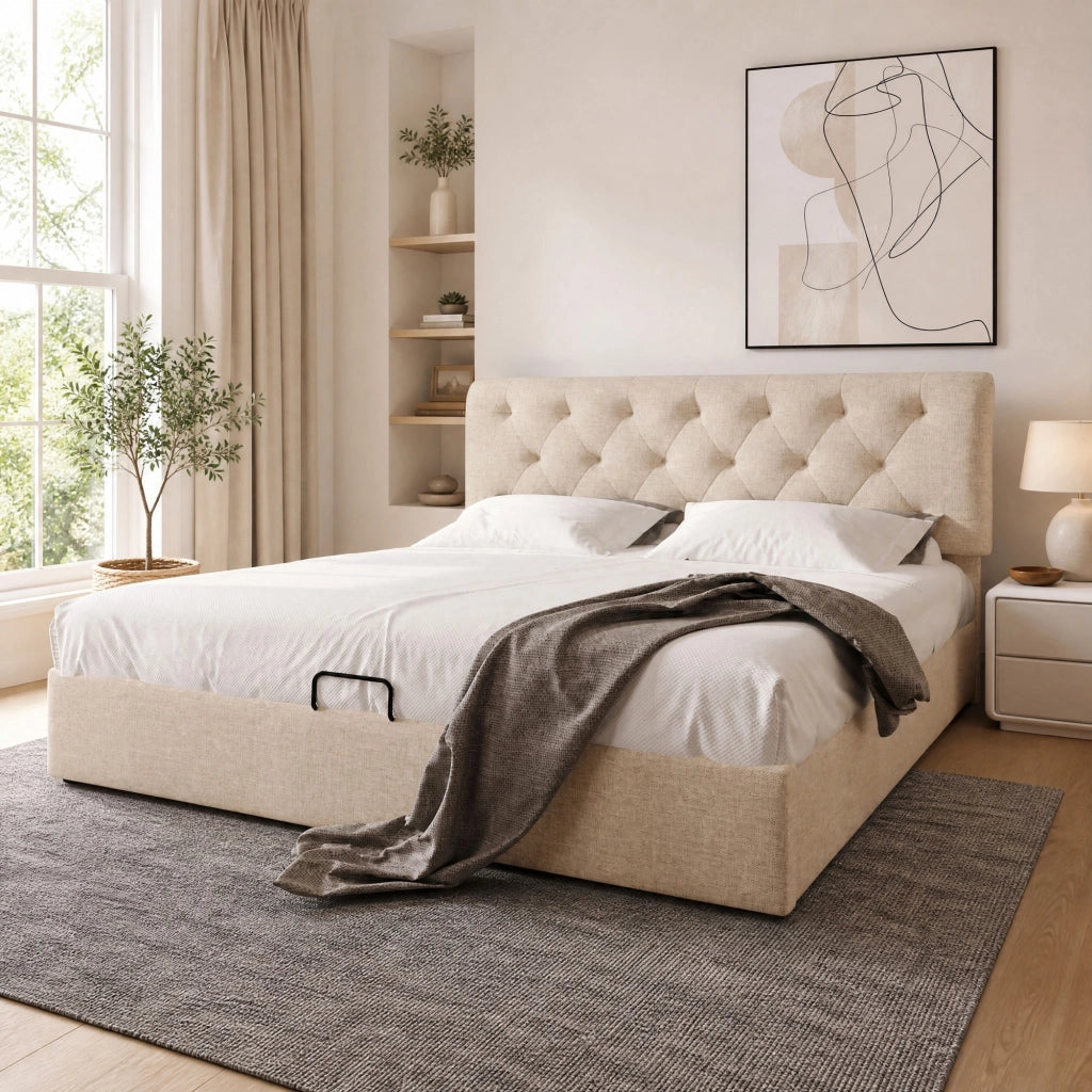 Letto imbottito 140x200 cm con contenitore e testiera regolabile