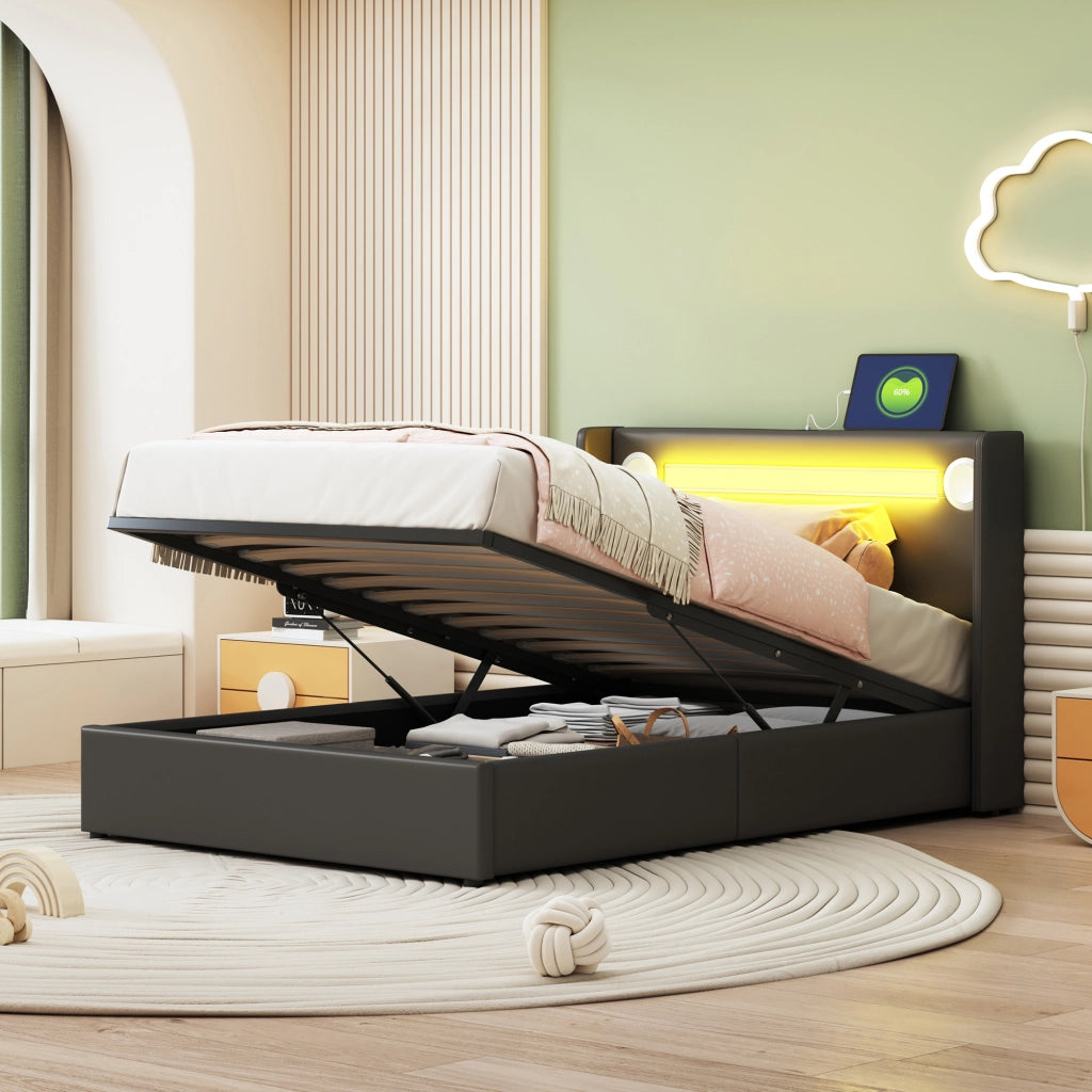 Letto imbottito nero con funzione LED bluetooth e ricarica USB in PU pelle 90x200 cm