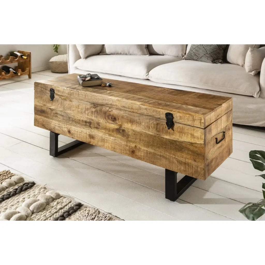 Tavolino basso o panca contenitore MERAX 115 cm in legno massiccio di mango e metallo stile industriale