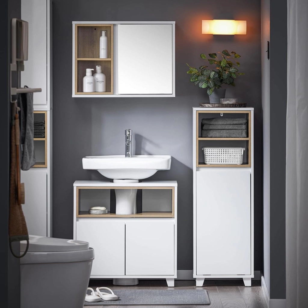 Mobile Bagno Salvaspazio con Cesto Portabiancheria – Mobiletto Cassettiera Bagno, Mobile Lavanderia Bianco, 35 x 30 x 105 cm, BZR146-W