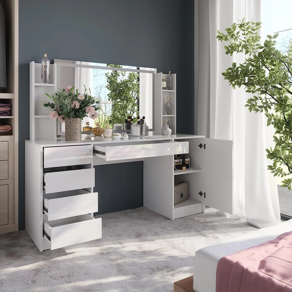 Tavolo da toeletta Sherry, Bianco/bianco lucido, 158.2 cm 4 parti