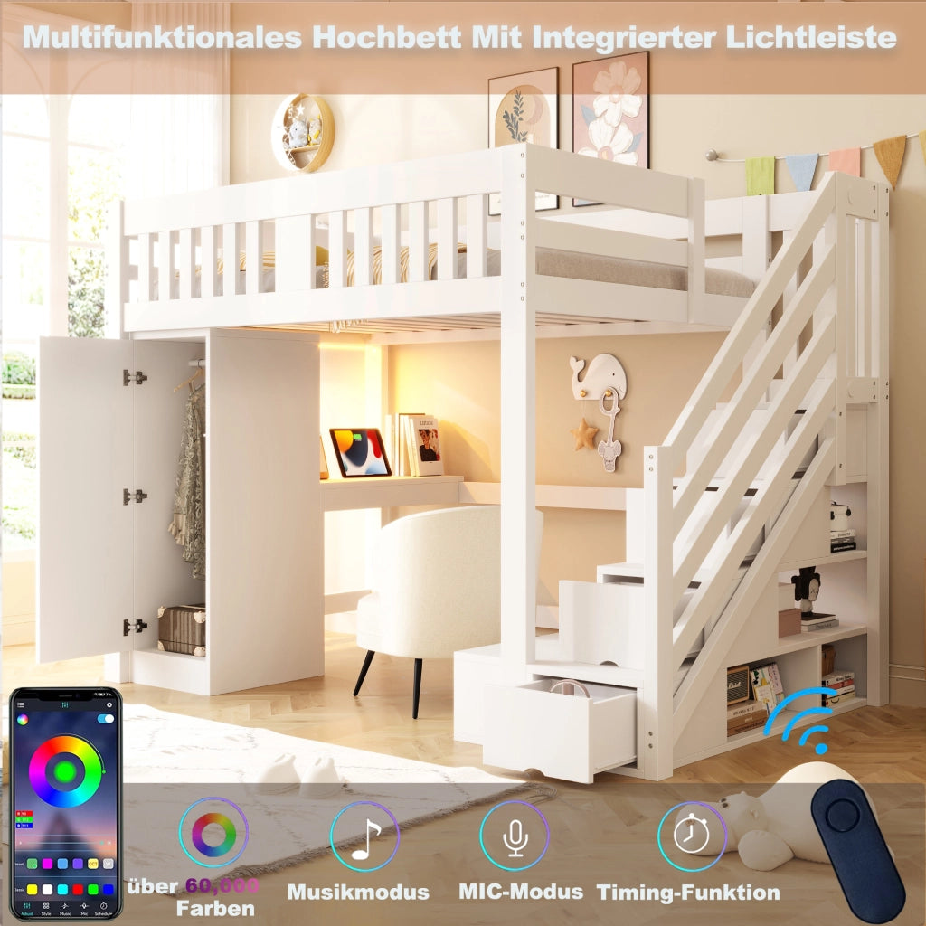 LETTO A CASTELLO 140x200 cm con scrivania, scala contenitore e LED bianco