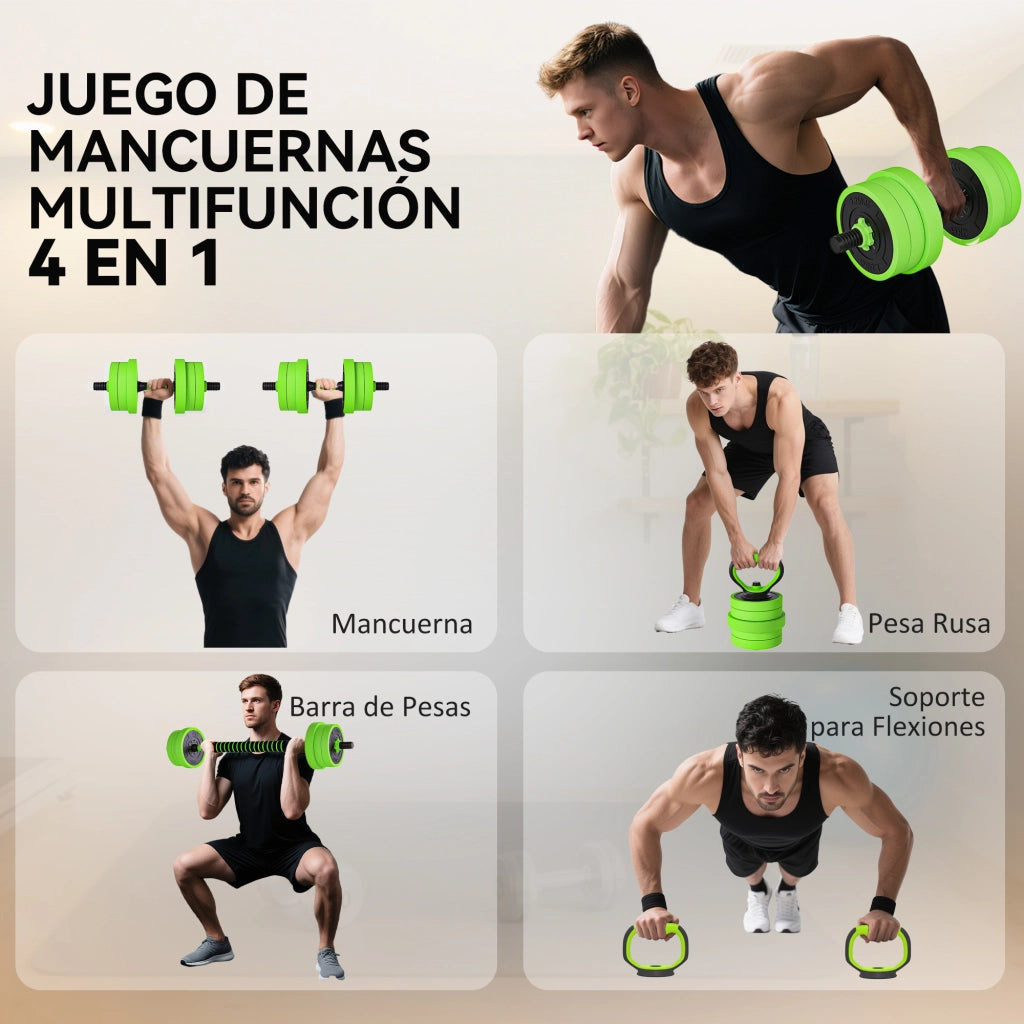 Set Palestra 4 in 1 con Bilanciere Manubri Kettlebell ¨C Xylo ¨C Verde e Nero