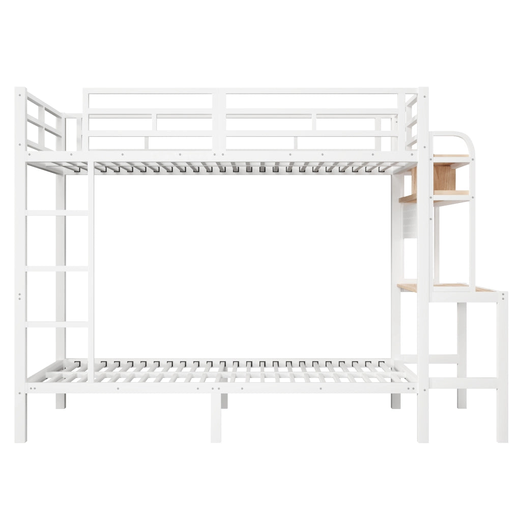 Letto a castello in metallo con scrivania, LED e USB, 90x200 cm, bianco