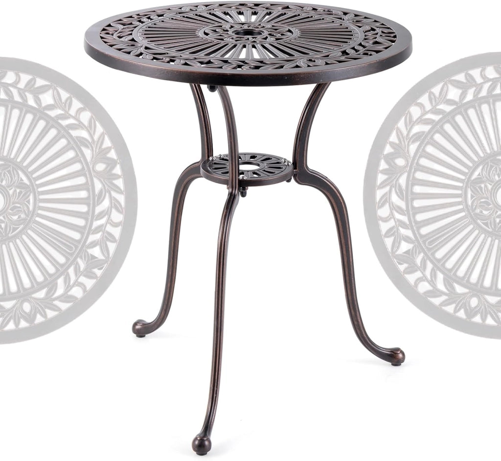 Tavolo da bistrot per esterni, φ61 cm, con foro per ombrellone e poggiapiedi regolabili, resistente alle intemperie, balcone in alluminio pressofuso
