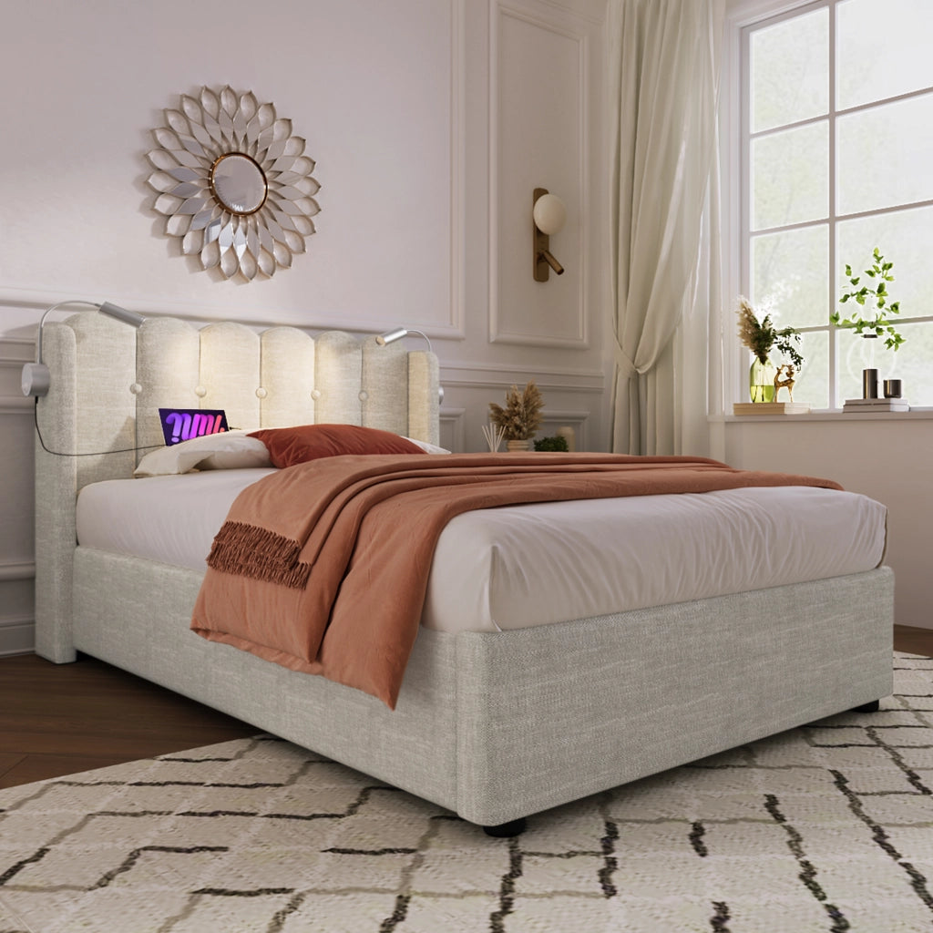 OKWISH Letto contenitore 90×200 cm, Letto Singolo con Testiera, Lampada da Lettura e USB, senza Materasso, in Lino, Naturale