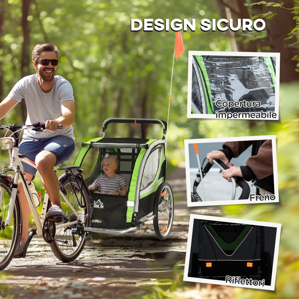 Rimorchio Bici per Bambini e Passeggino 2 in 1 con Cintura Tasche e Bandierina Verde