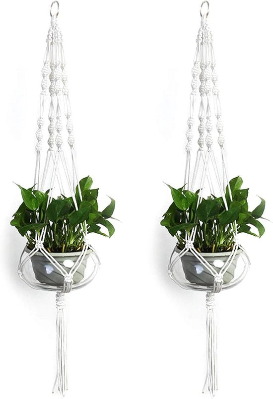 Hanger per piante a rete - 2 pezzi di vaso per piante appesi - vaso per piante mano a mano con corda per appendere piante - arte per muro - interni esterni - decorazione per giardino - 105 cm - bianco