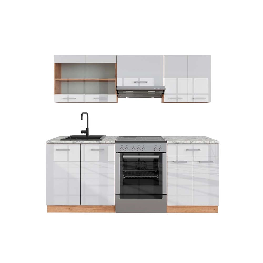 Vicco Cucina componibile Bianco lucido/oro power oak 200 cm , PL Marmo