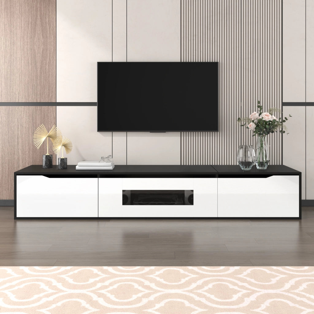 Mobile TV con 2 Ante Traforate e LED USB; Lucido Nero e Bianco; Stile Moderno; 180??35??30 cm; in MDF