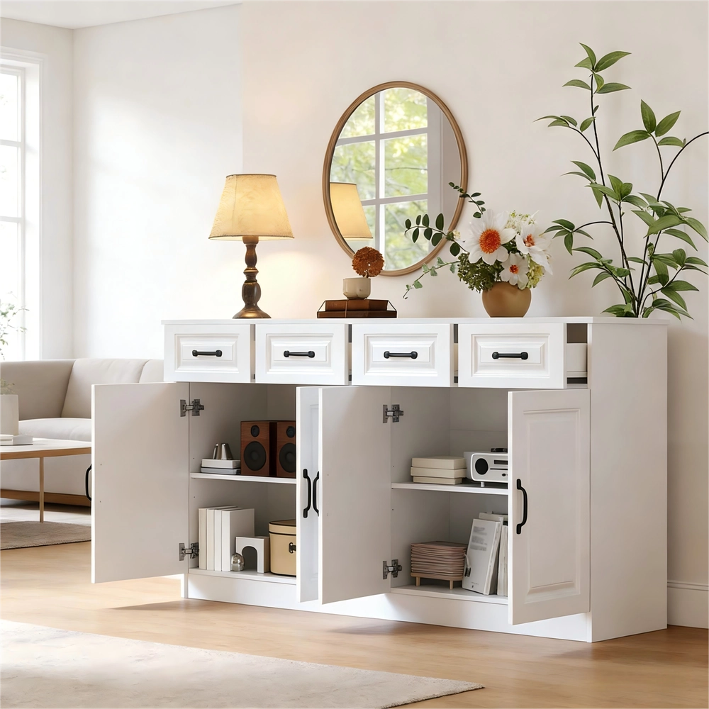 Credenza Bianca con Cassetti e Ante in MDF ¨C MINIMAL ¨C 160 cm, Design Moderno per Soggiorno
