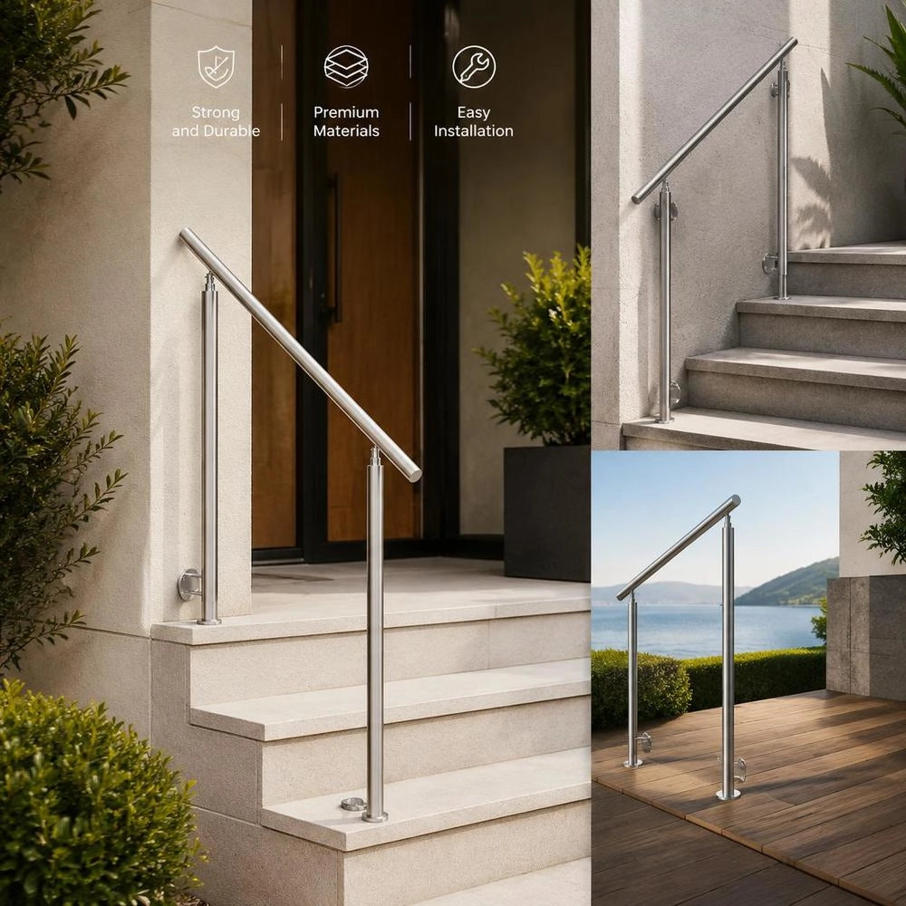 Handrails For Outdoor Stairs, 150 Cm Long Stair Railing Set, Stainless Steel Transition Railing With Mounting Kit, Double-post Stair Handrails For Seniors, Veranda And Terrace, Side Mounting