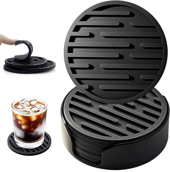Sostegni per bicchieri in vetro, raccoglitori rotondi in silicone con supporto, sostegni antiscivolo per bicchieri, tavoli, caffè, bar, drink, sostegni per bicchieri, 6 pezzi, nero