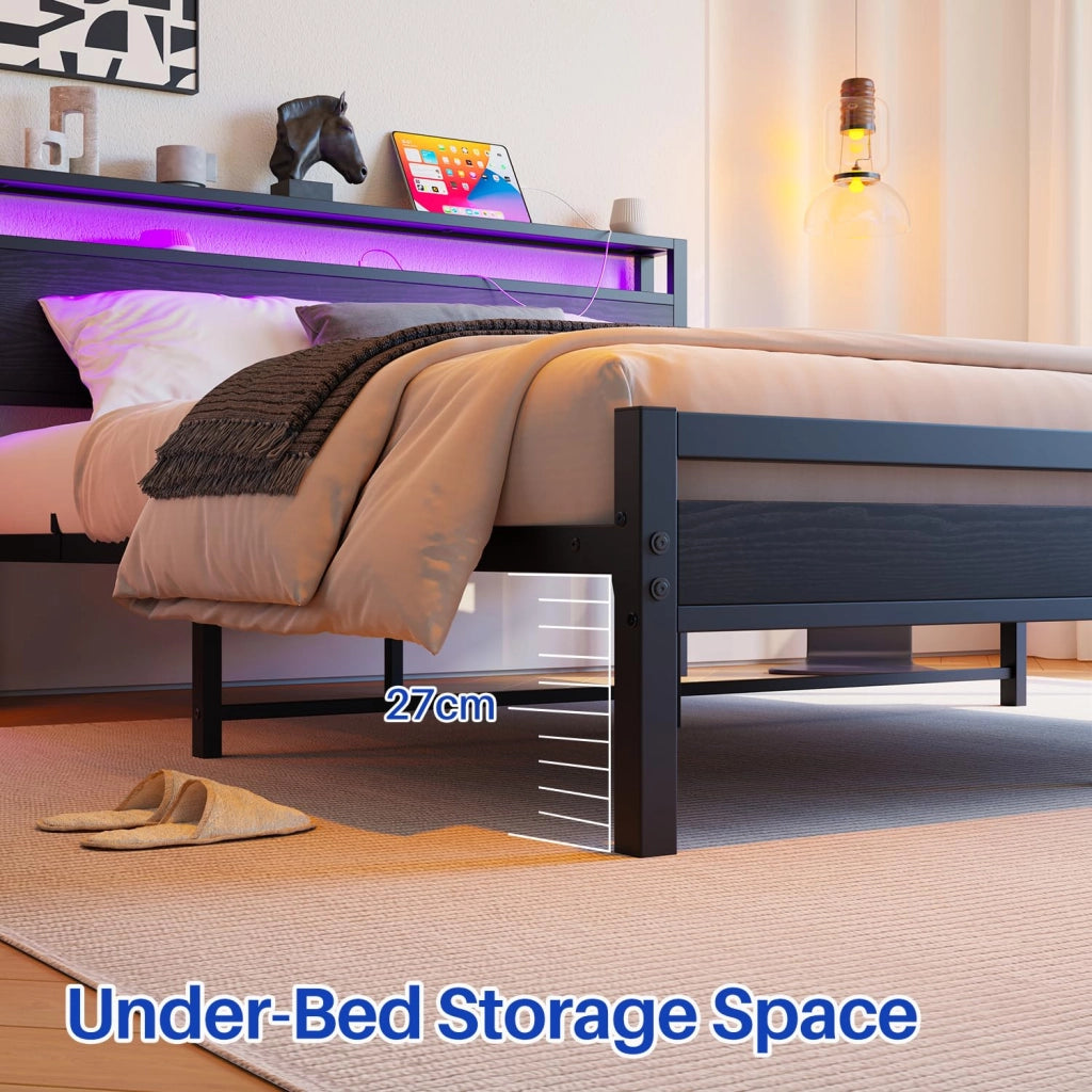 LETTO 140x190 cm con contenitore, USB e LED, MDF e metallo Nero